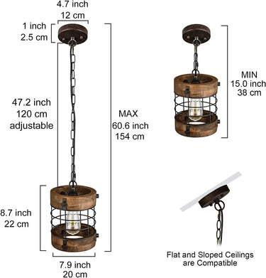 Retro Industrial Metal and Wood 1-Light round Cage Pendant